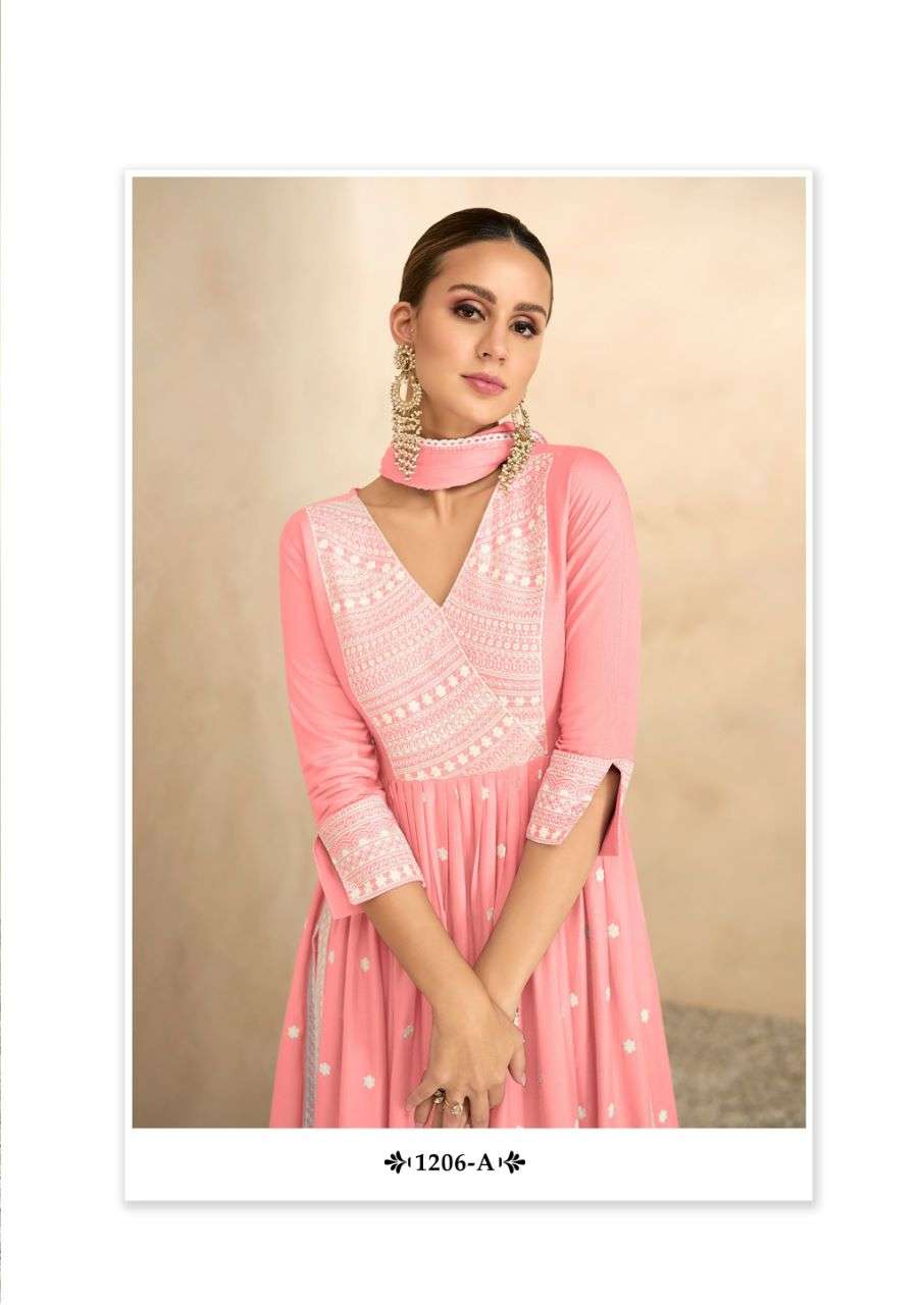 AADHIRA VOL 4 LIGHT COLOR  REYON VISCOS FRNT AND BACK LAKHNAWI WORK NAYRA CUT KURTI WITH COTTON PANT AND NAZMIN DUPATTA BY VAMIKA BRAND 1206 A C